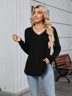 Black V-neck long sleeve maternity t-shirt with subtle pleat detail on the front.