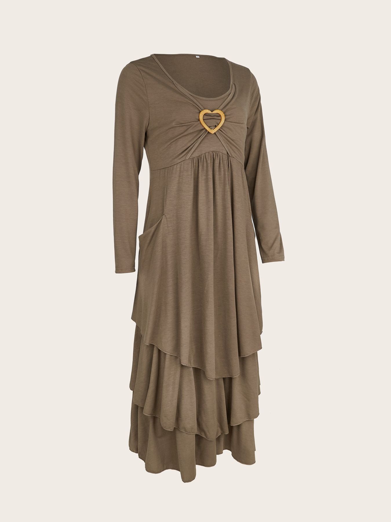 Coffee tiered midi dress with long sleeves and heart detail at neckline.
