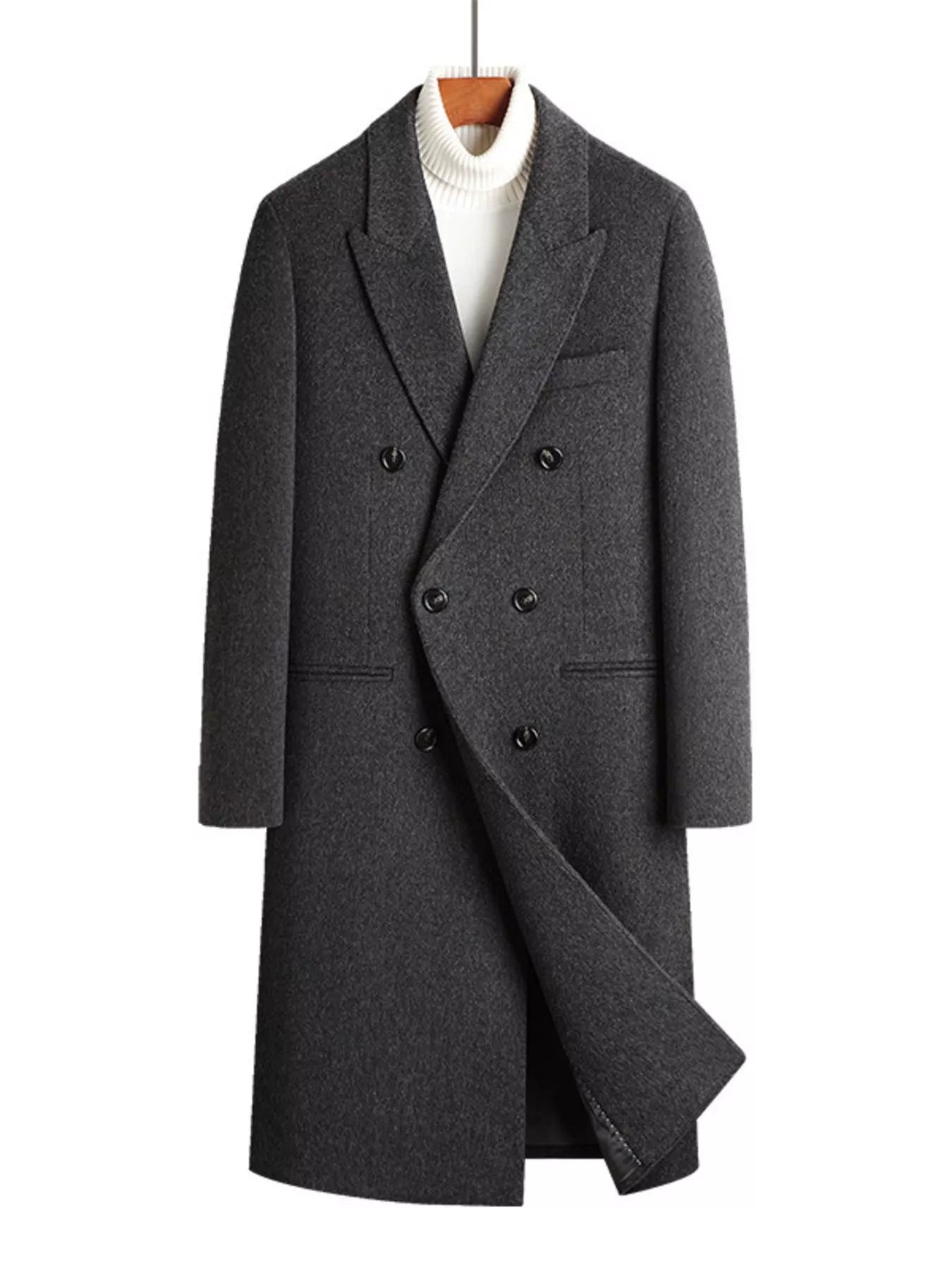 Dark Gray wool blend double-breasted overcoat with classic lapels and button closure.