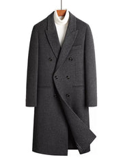 Dark Gray wool blend double-breasted overcoat with classic lapels and button closure.
