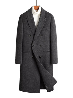 Dark Gray wool blend double-breasted overcoat with classic lapels and button closure.