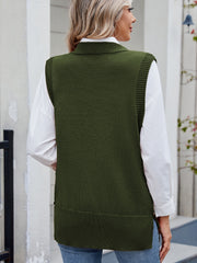 Army green ribbed knit vest with side buttons, collared neckline, and a relaxed fit.