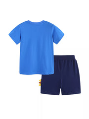 Blue cotton alphabet tee and navy adventure shorts with yellow and brown accents.