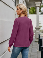 Plunge neckline gathered sleeve top in deep purple, casual long sleeve blouse.