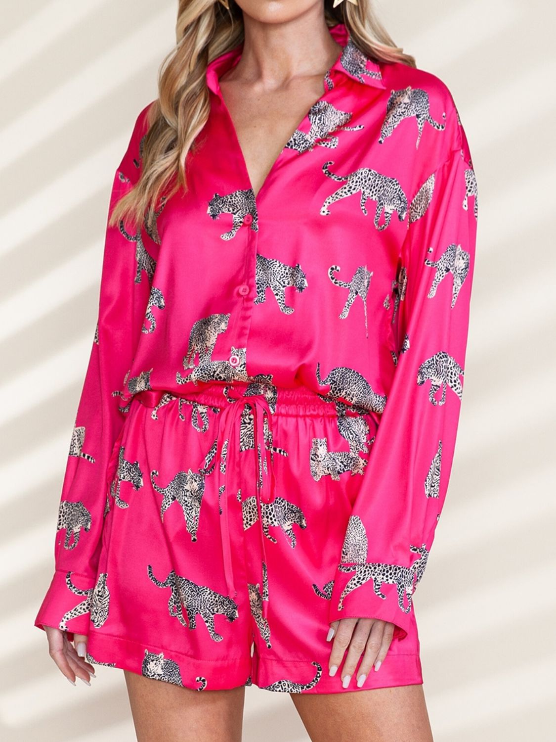 Hot Pink leopard print silk pajama set with button-up top and drawstring shorts.