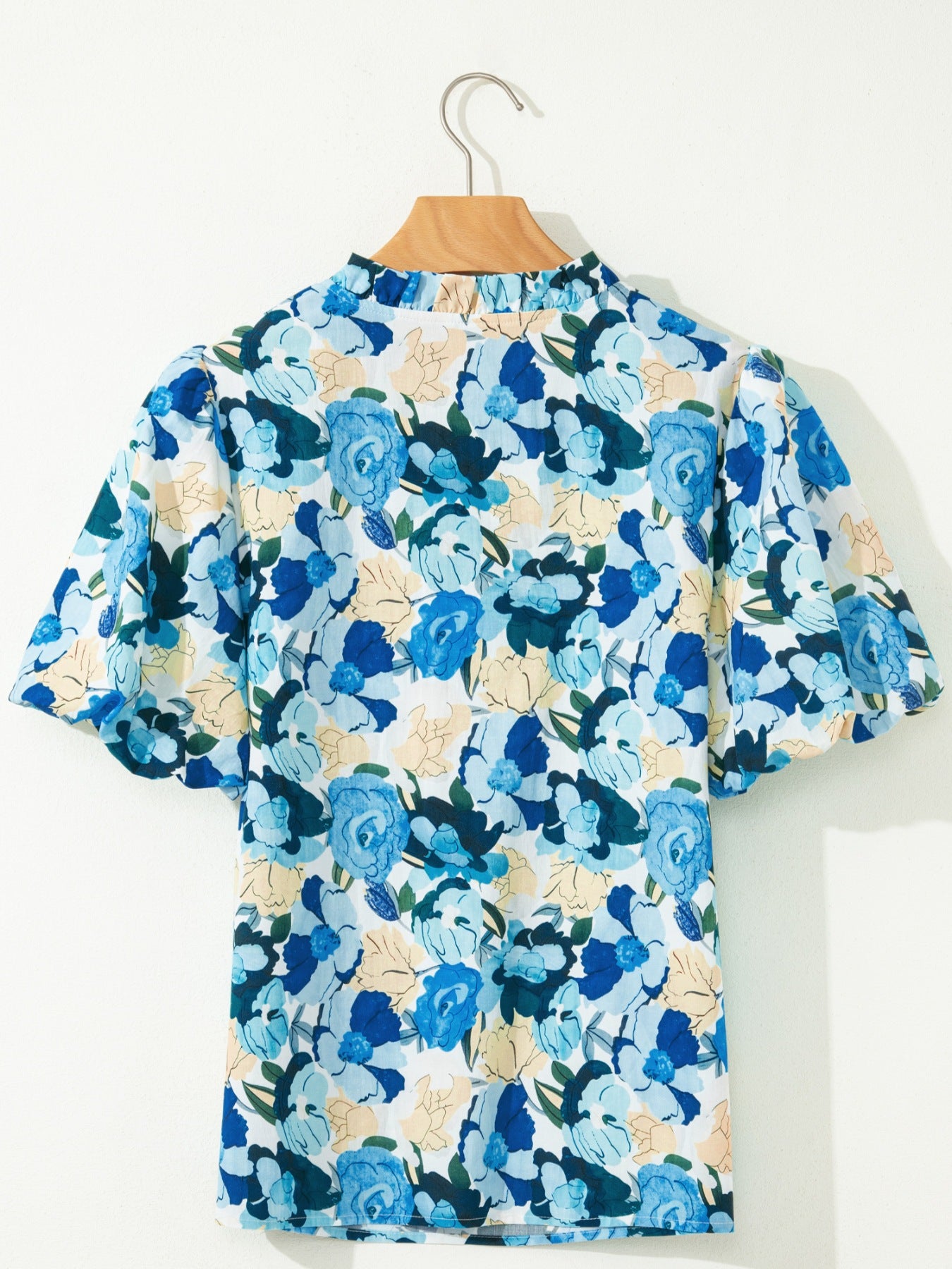 Vibrant floral print cotton blouse with puff sleeves and mock neck