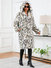 White leopard print faux fur maxi coat with hood and pockets