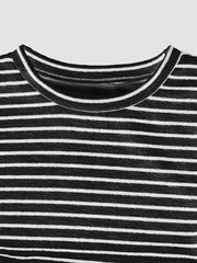 Black and white striped crop top with crew neck and ribbed trim.