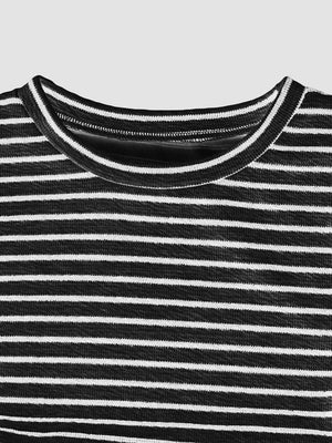 Black and white striped crop top with crew neck and ribbed trim.