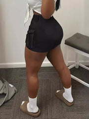 Cargo Pocket Mini Skirt in Khaki, back view