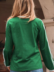 Green long sleeve crew neck tee with white contrast stripes on sleeves