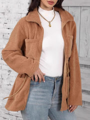 Caramel teddy fleece utility jacket with zip front, chest pockets, and drawstring waist.