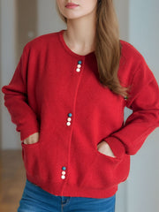 Scarlet ribbed knit button-up cardigan with colorful ball buttons and pockets