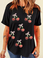 Black cotton tee with sequin cherry and bow print
