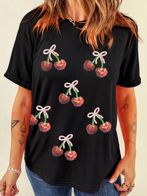 Black cotton tee with sequin cherry and bow print