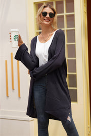 Dark Blue textured open-front maxi knit cardigan with wide sleeves and a waffle knit pattern.