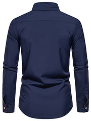 Navy blue button-down shirt with contrast trim on cuffs