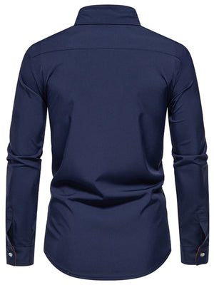 Navy blue button-down shirt with contrast trim on cuffs