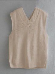 Cream textured knit v-neck sleeveless vest with asymmetric hem