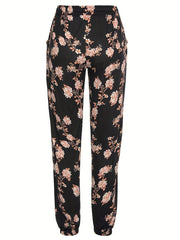Black floral print drawstring jogger trousers with pockets