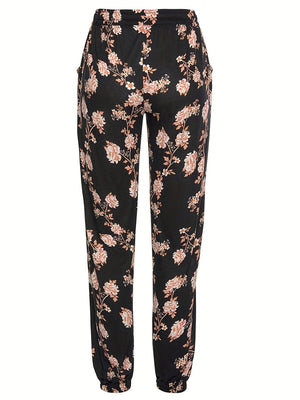 Black floral print drawstring jogger trousers with pockets