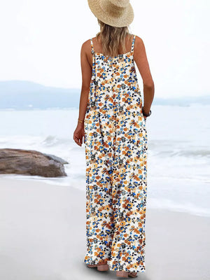 Floral Print Wide Leg Spaghetti Strap Overalls, close-up detail