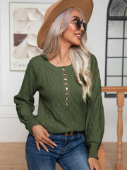 Cable knit henley sweater in Matcha Green with button detail and diamond pattern.
