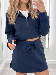 Long Sleeve Zip-up Top & Skort Set in Dark Navy, front view