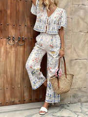 Floral tie-front cropped top and wide-leg pants set with blue and pink botanical print