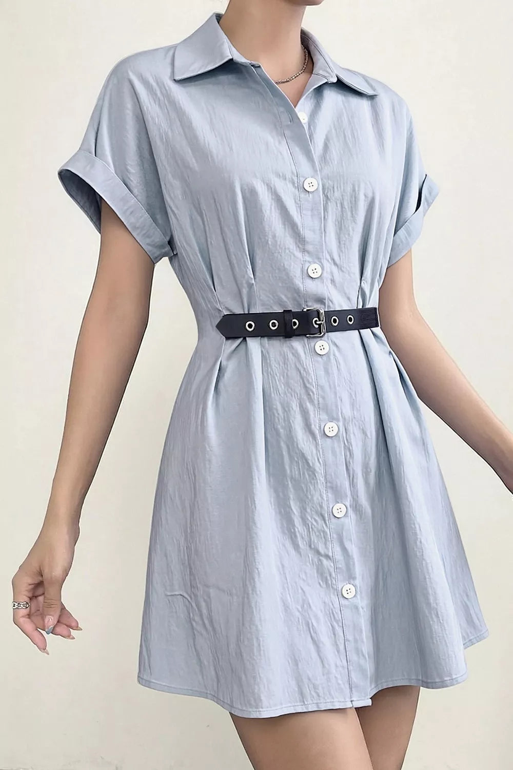 Button Up Short Sleeve Shirt Dress in Light Blue, side view