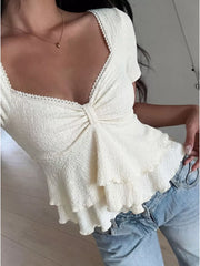 Charming Ruffled Sweetheart Neck T-shirt