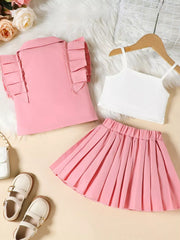 Pink collared top with ruffled sleeves, white ribbed cami, and pleated skirt.