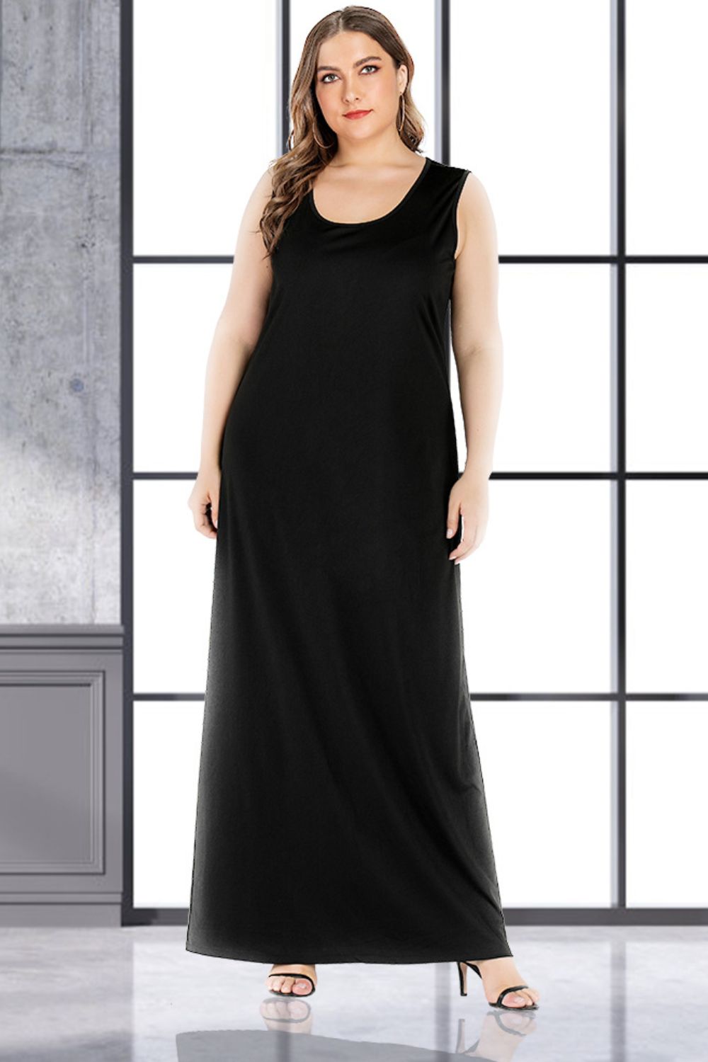 Sleek black scoop-neck maxi column dress with a sleeveless design.