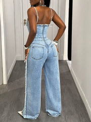 Distressed Spaghetti Strap Wide-leg Denim Jumpsuit, alternate angle