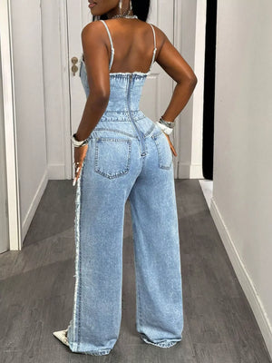 Distressed Spaghetti Strap Wide-leg Denim Jumpsuit, alternate angle