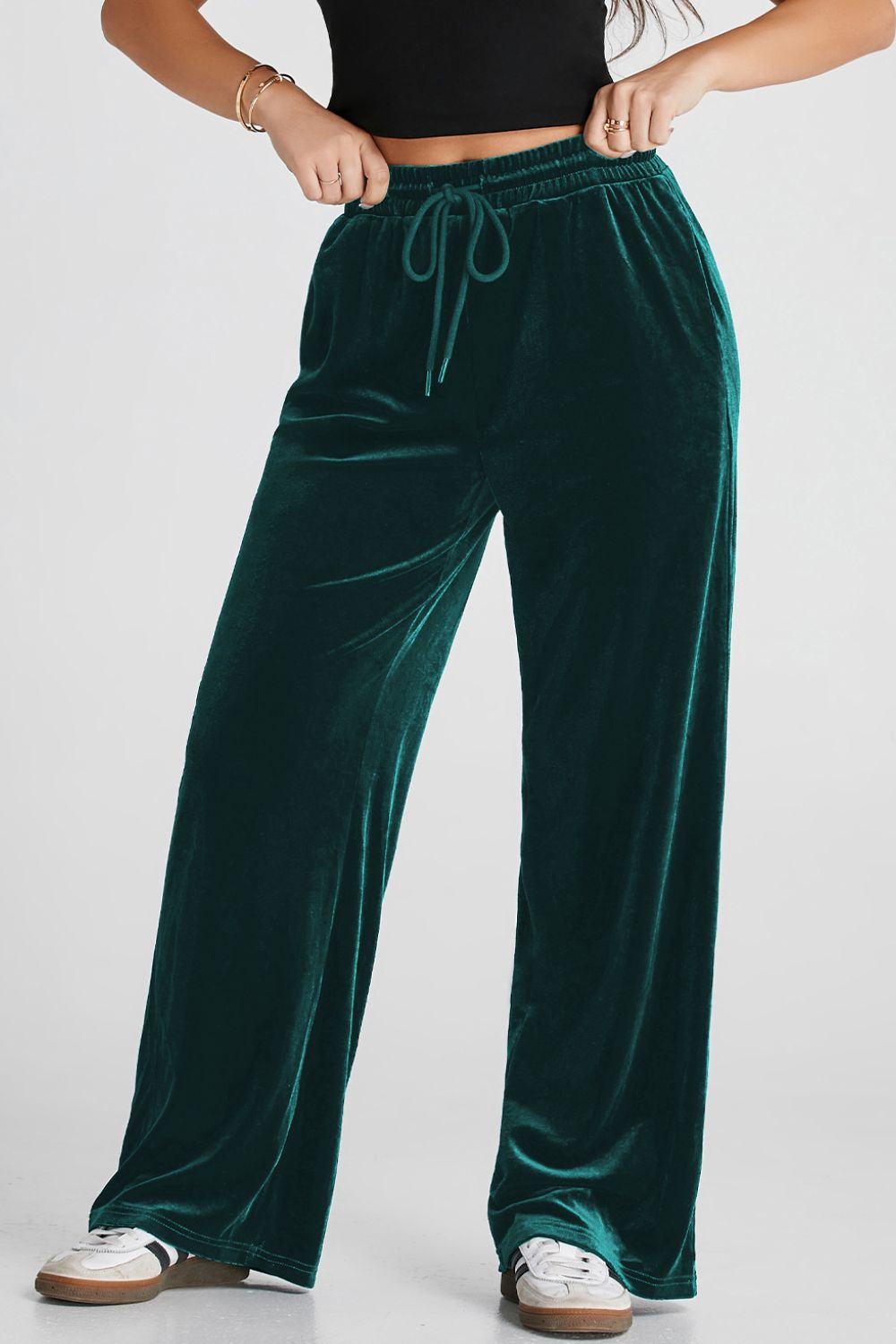 Velvet lounge wide-leg drawstring trousers in Black Forest, with a relaxed fit and tie waist.
