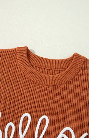 Terracotta knit sweater with white "Hello Pumpkin" script detail and crew neck.
