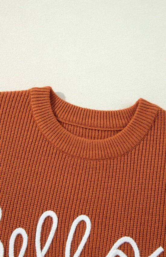 Terracotta knit sweater with white "Hello Pumpkin" script detail and crew neck.