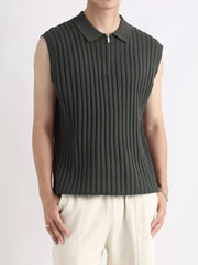 Men's ribbed knit zip-up tank in dark green with a polo collar.