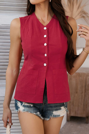 Burgundy linen vest with V-neck, white buttons, and patch pockets, styled with denim shorts.