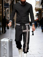 Men's black tracksuit set with white and red stripes on sleeves and pants.