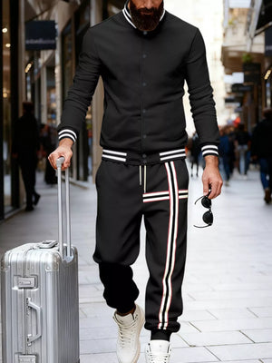 Men's black tracksuit set with white and red stripes on sleeves and pants.
