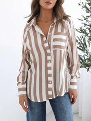 Maternity striped button-front shirt in Khaki Color with chest pocket