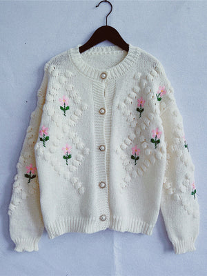 Cream bobble stitch cardigan with floral embroidery and pearl buttons
