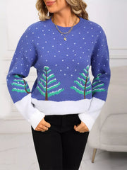 Blue acrylic sweater with evergreen trees and snow pattern, crew neck, long sleeves.