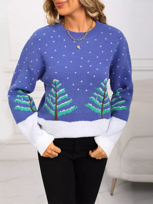 Blue acrylic sweater with evergreen trees and snow pattern, crew neck, long sleeves.