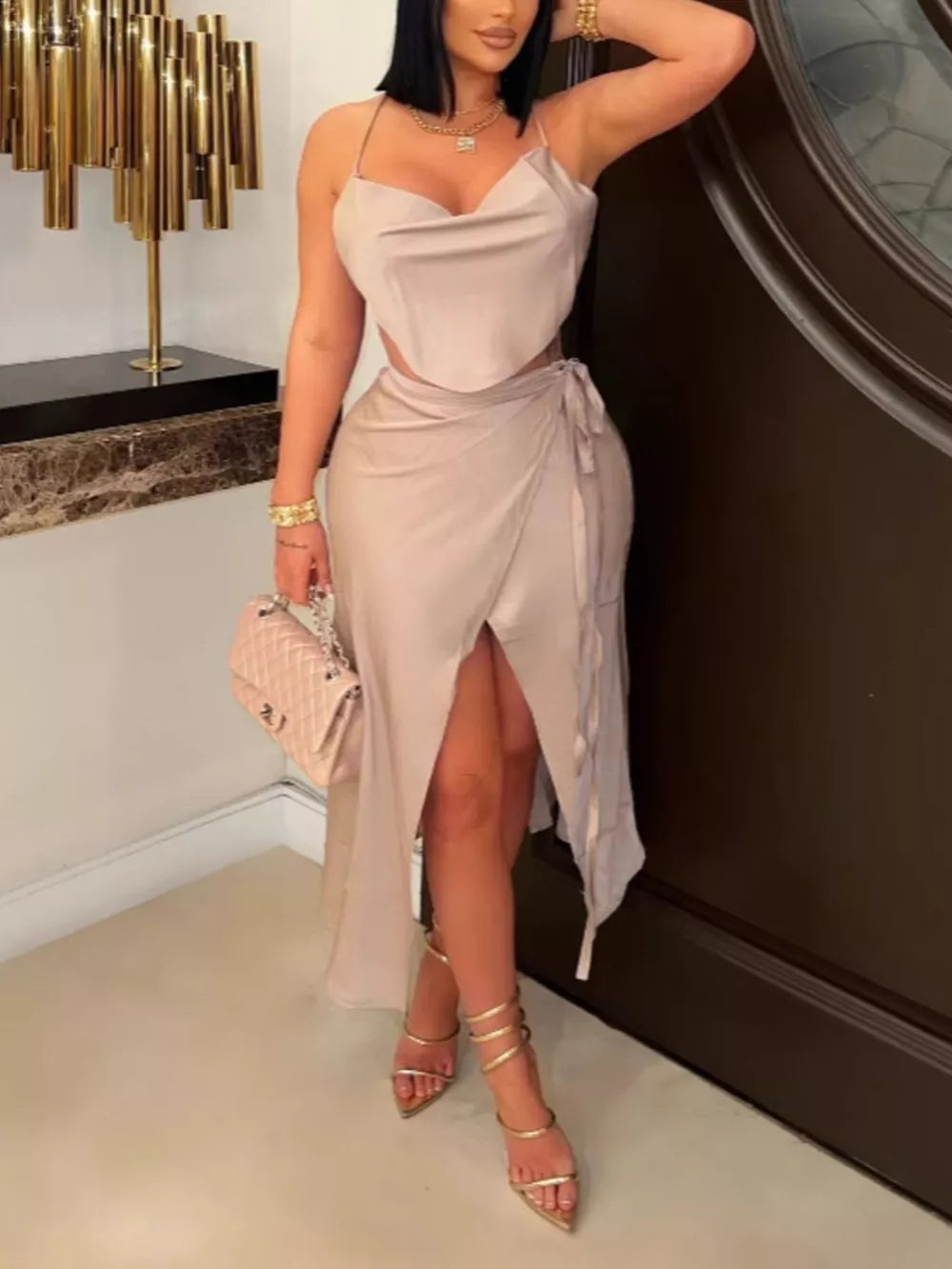 Satin Halter Neck Crop Top And Wrap Skirt Set in Champagne, front view