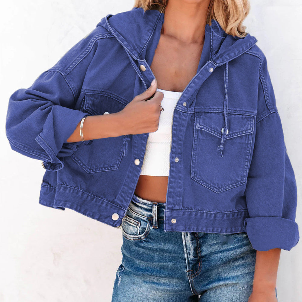 Royal blue denim utility hoodie with drawstring hood, button front, and flap pockets.