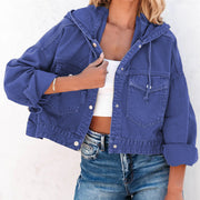 Royal blue denim utility hoodie with drawstring hood, button front, and flap pockets.