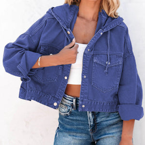 Royal blue denim utility hoodie with drawstring hood, button front, and flap pockets.